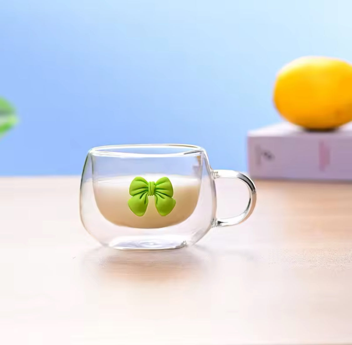 250ml Double Wall Glass Coffee Mug, Bow Design Transparent Mug, Heat Resistant Espresso Cup
