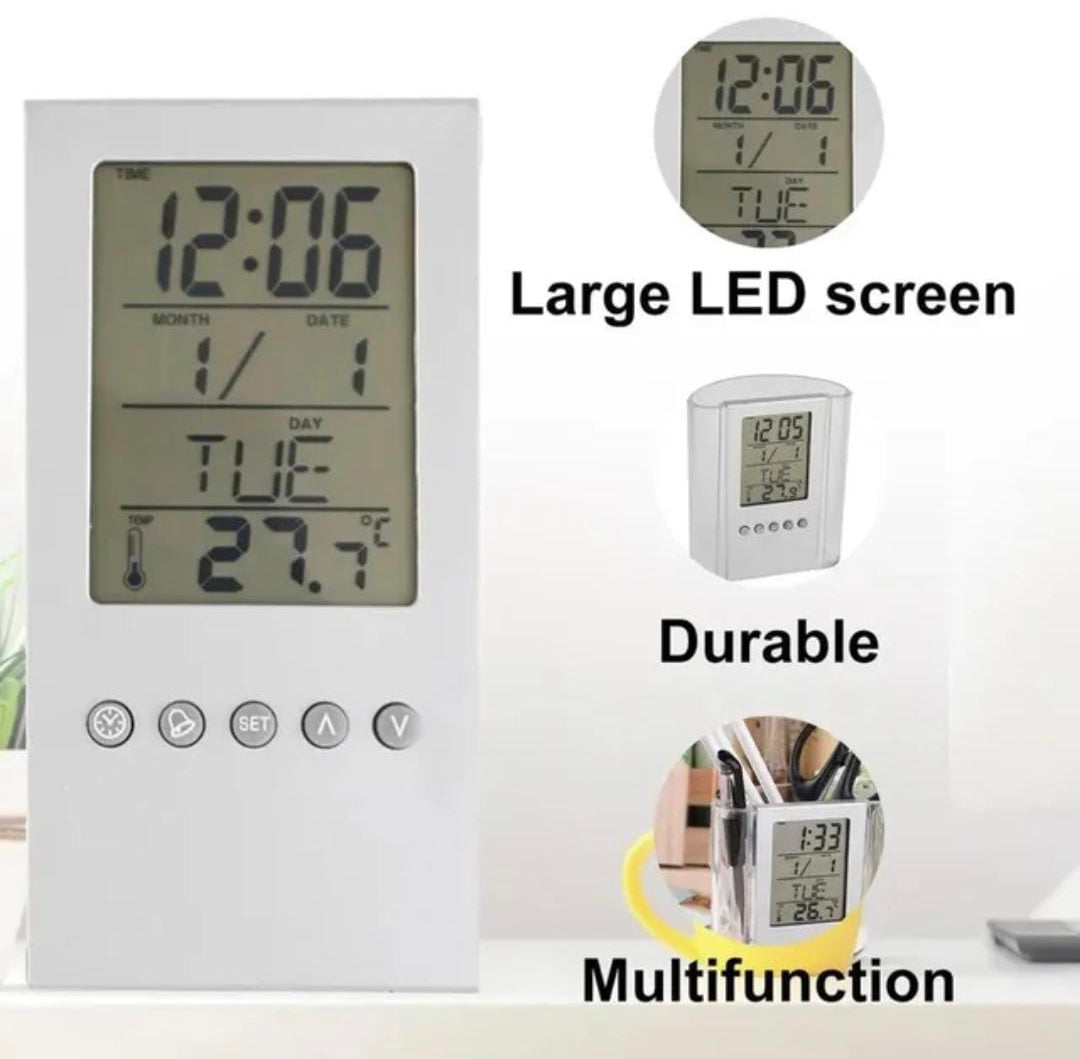 LCD Digital Alarm Clock Desk Pencil Pen Holder, Multi Function Pen Holder with Digital Time Clock, Perpetual Calendar Pen Holder
