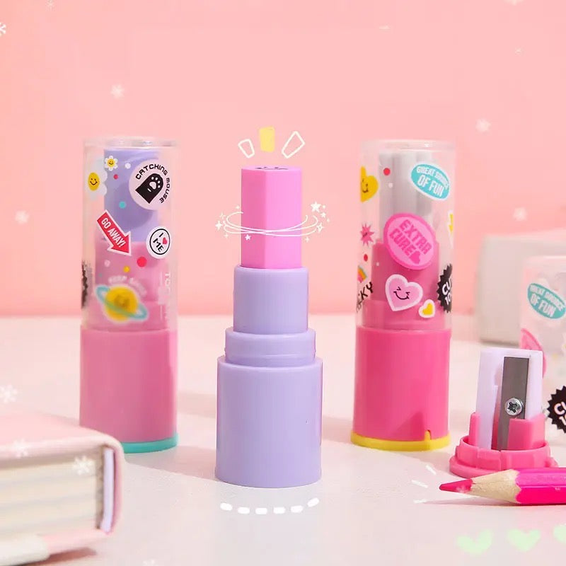 Lipstick Pencil Eraser Sharpener Cute Writing Drawing Rubber Erasers Stationery Gifts School Supplies
