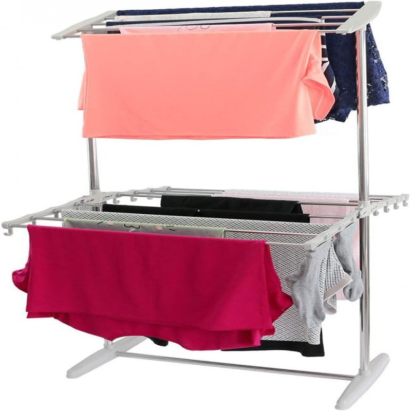 Double Layer Stainless Steel Clothes Rack, Multifunctional 2 Layer Foldable Cloth Dryer Stand Rack, Hanging Storage Wardrobe