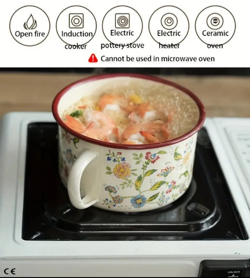 Multifunctional Seasoning Storage Bowl, Enamel Soup Cooking Pot, Flower Design Ceramic Noodle Pot With Lid