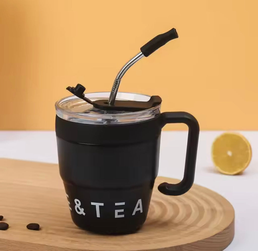 480ml Straw Covered Coffee Mug, Stainless Steel Insulated Cup, Hot/Cold Beverage Cup, Stainless Steel Thermos Mug, Office Outdoor Coffe Mug