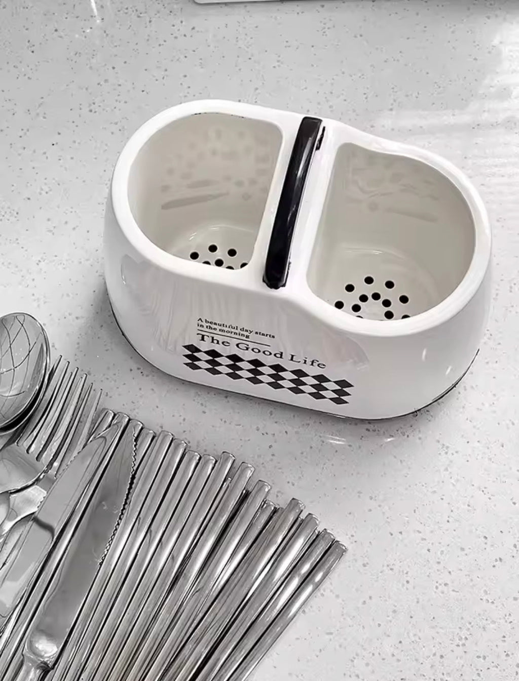 Daily Life Printed Cutlery Holder, Removable Hollow Out Utensils Organizer, Base Plate Drainable Spoon Fork Chopstick Stand Tray, Multifunctional Spoon Fork Chopstick Storage Holder, Household Kitchen Tableware Storage Holder Box