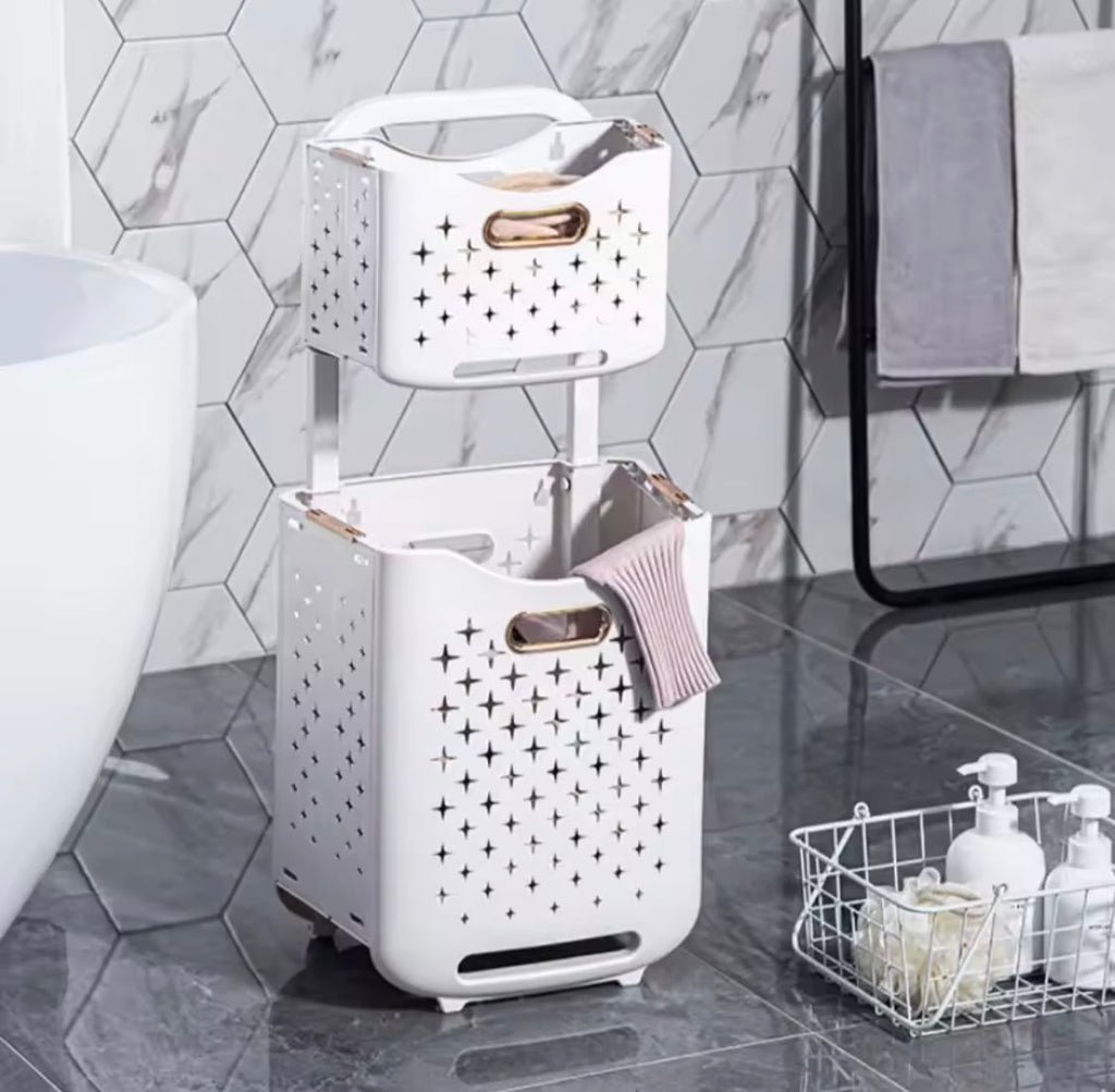 Large Capacity 2 Layers Durable Clothes Basket, Children Clothes Toys Book Storage Organizer, Foldable Laundry Basket, Multifunctional Storage Dirty Clothes Basket