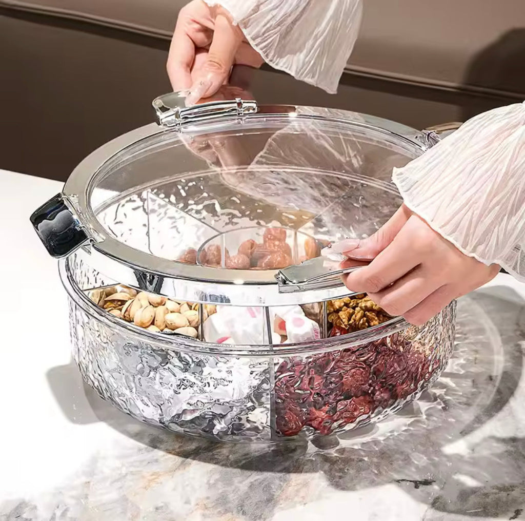 Luxury Sealed Snack Tray With Cover, Five Grid Multi Compartment Dry Fruit Tray, Round Snack Box With Lid, Rotating Serving Tray