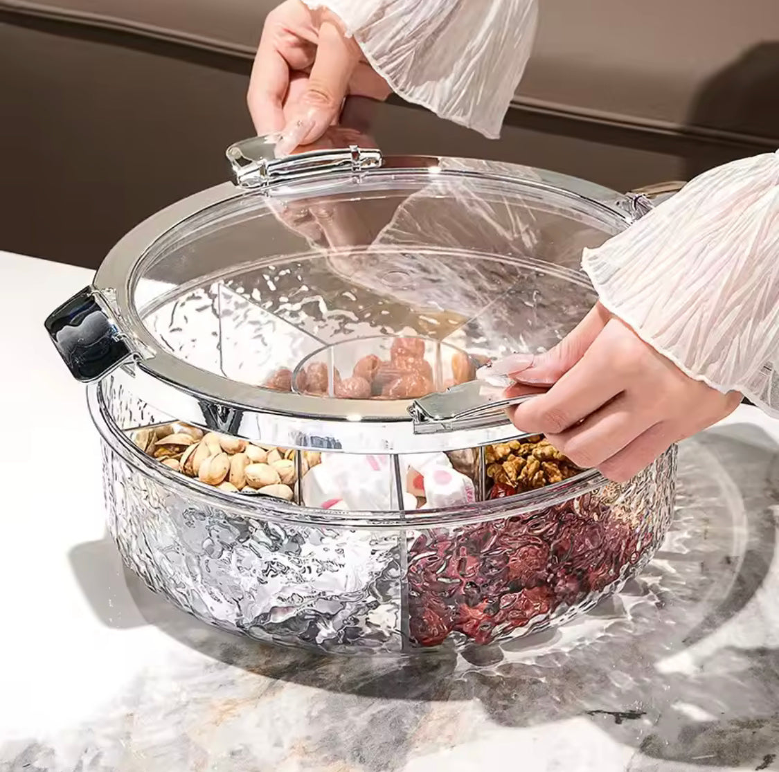 Luxury Sealed Snack Tray With Cover, Five Grid Multi Compartment Dry Fruit Tray, Round Snack Box With Lid, Rotating Serving Tray