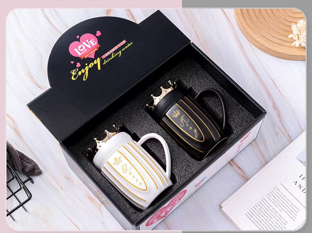 King Queen Couple Mug, Elegant Ceramic Mugs With Crown Lid, King and Queen Camping Ceramic Coffee Mugs