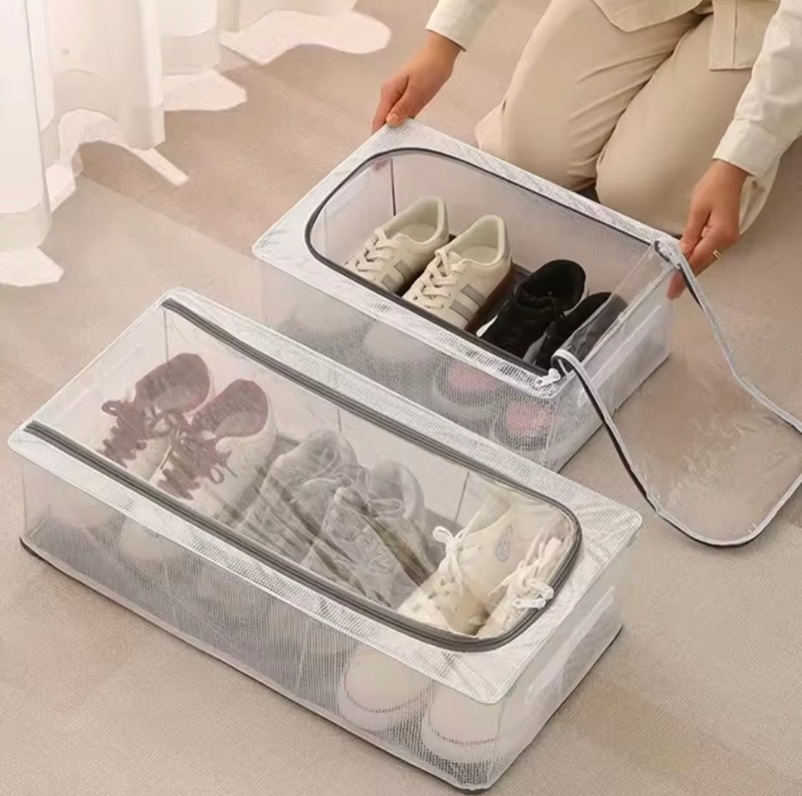 Double Sided Opening Zipper Shoe Storage Box, Foldable Under The Bed Shoe Basket, Dustproof Household Storage Box