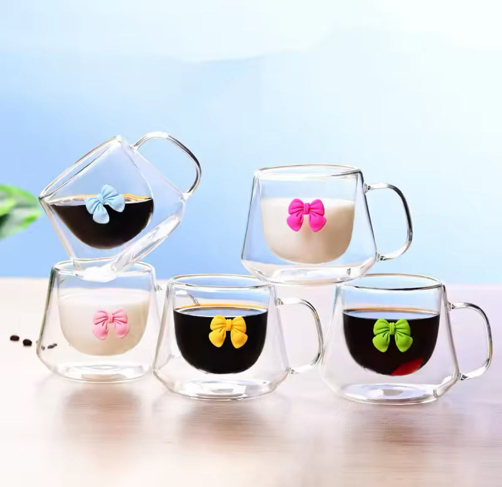 250ml Double Wall Glass Coffee Mug, Bow Design Transparent Mug, Heat Resistant Espresso Cup