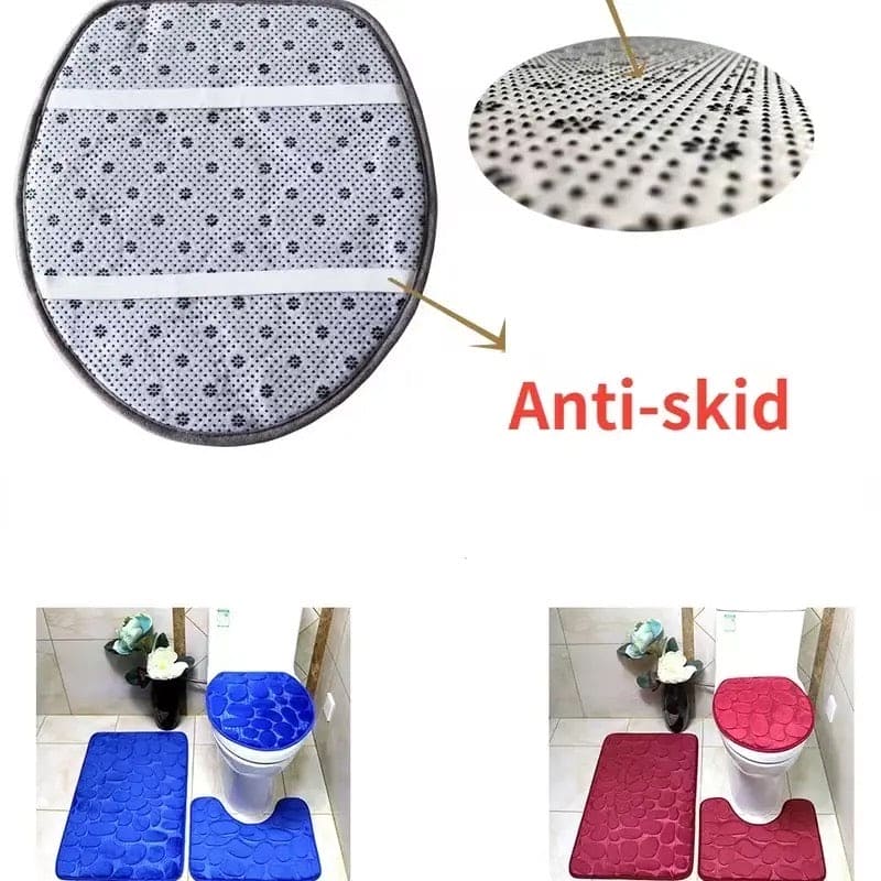 Set Of 3 Bathroom Mat, U-Shaped Contour Mat and Toilet Seat Cover ,Toilet Anti Slip Absorbent Rug, Pebbles Bathtub Decor Carpet, Soft Non Slip Cobblestone Mat, Memory Foam Pebble Shower Mat, Quick Drying Bathroom Mat