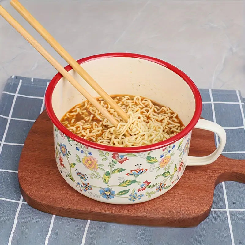 Multifunctional Seasoning Storage Bowl, Enamel Soup Cooking Pot, Flower Design Ceramic Noodle Pot With Lid