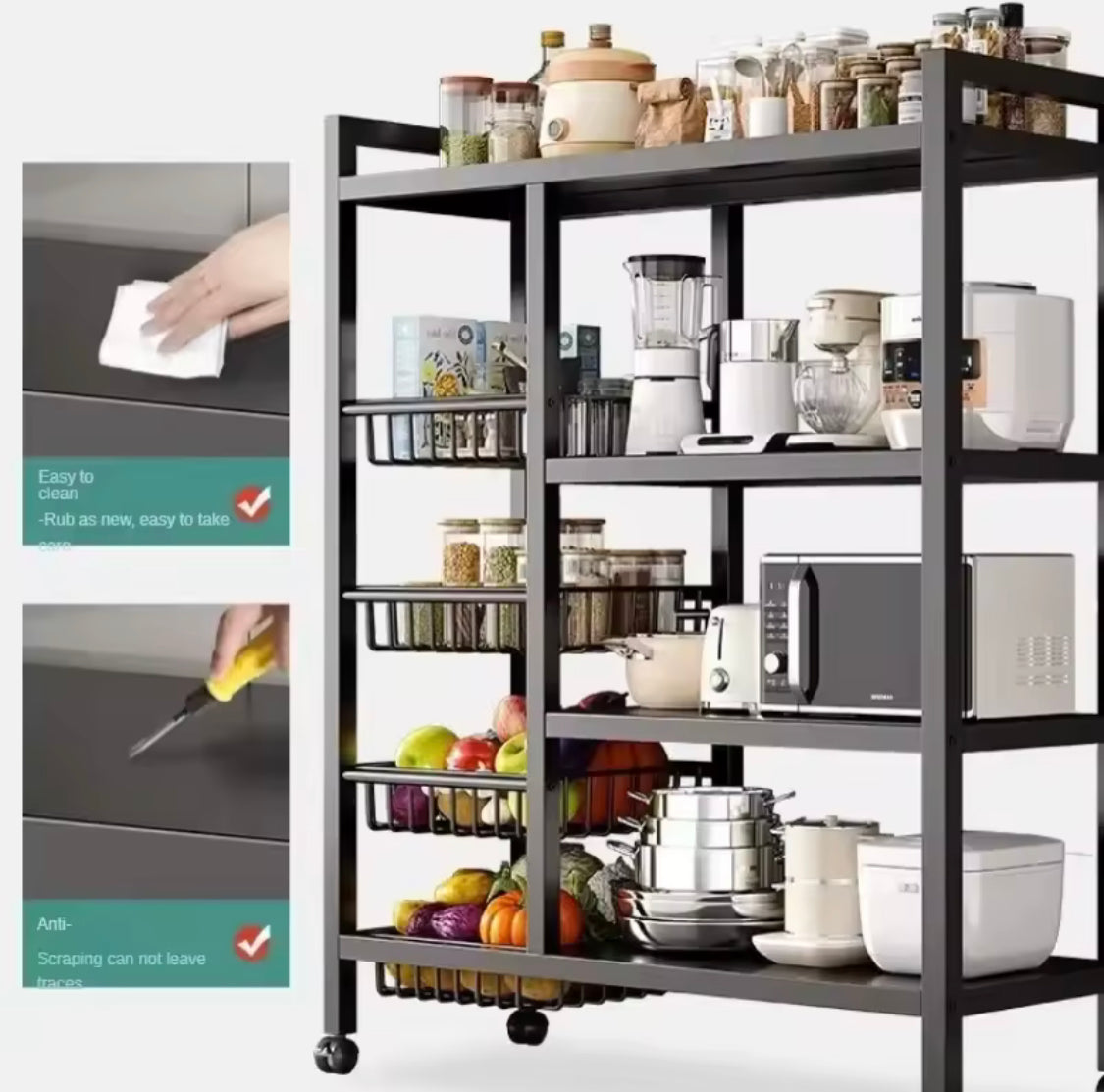 Multilayer Storage Rolling Cart, Moveable Kitchen Storage Rack With Baskets, Multifunctional Kitchen Organizer
