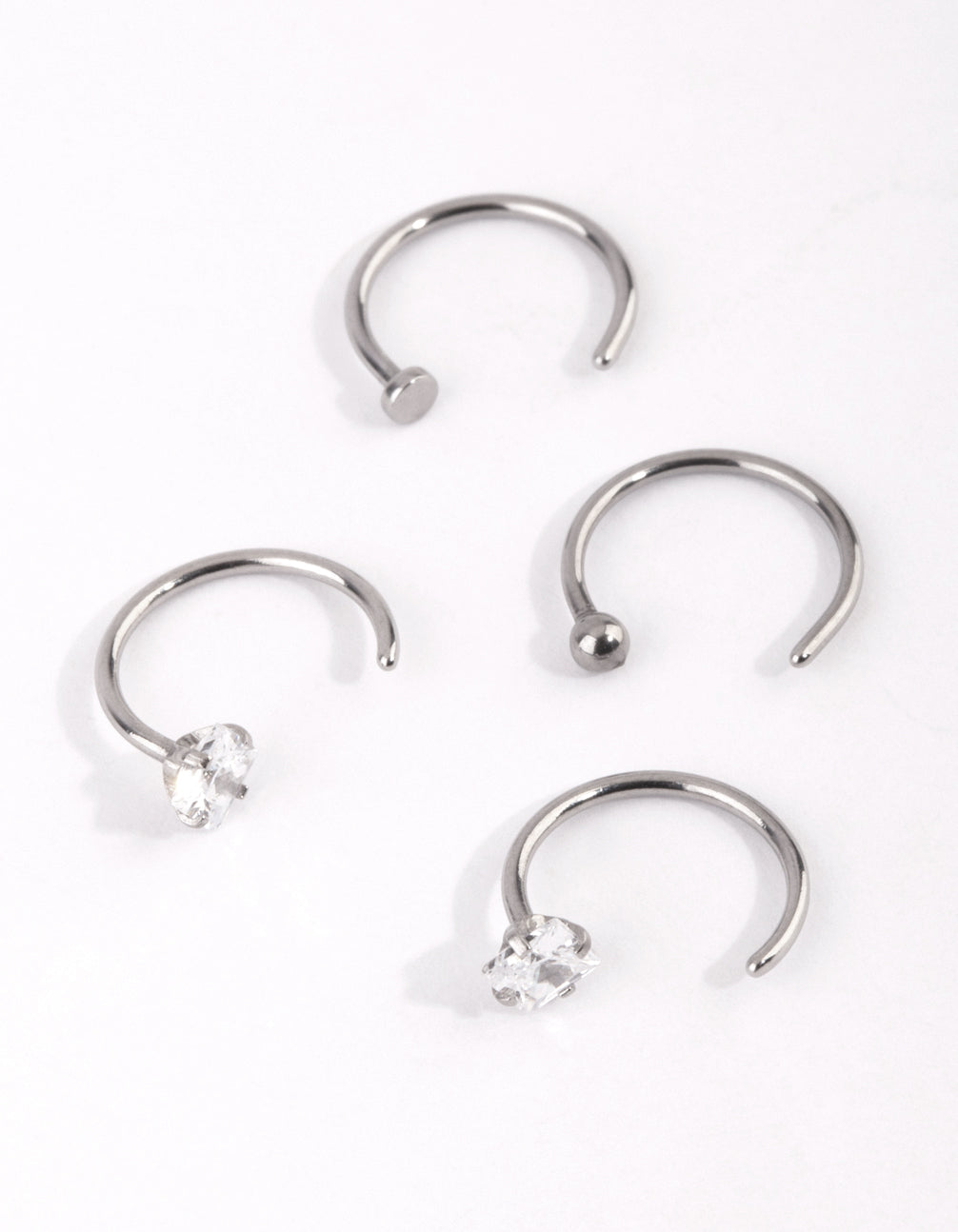 Surgical Steel Silver Martini Set Diamante Nose Ring 4-Pack