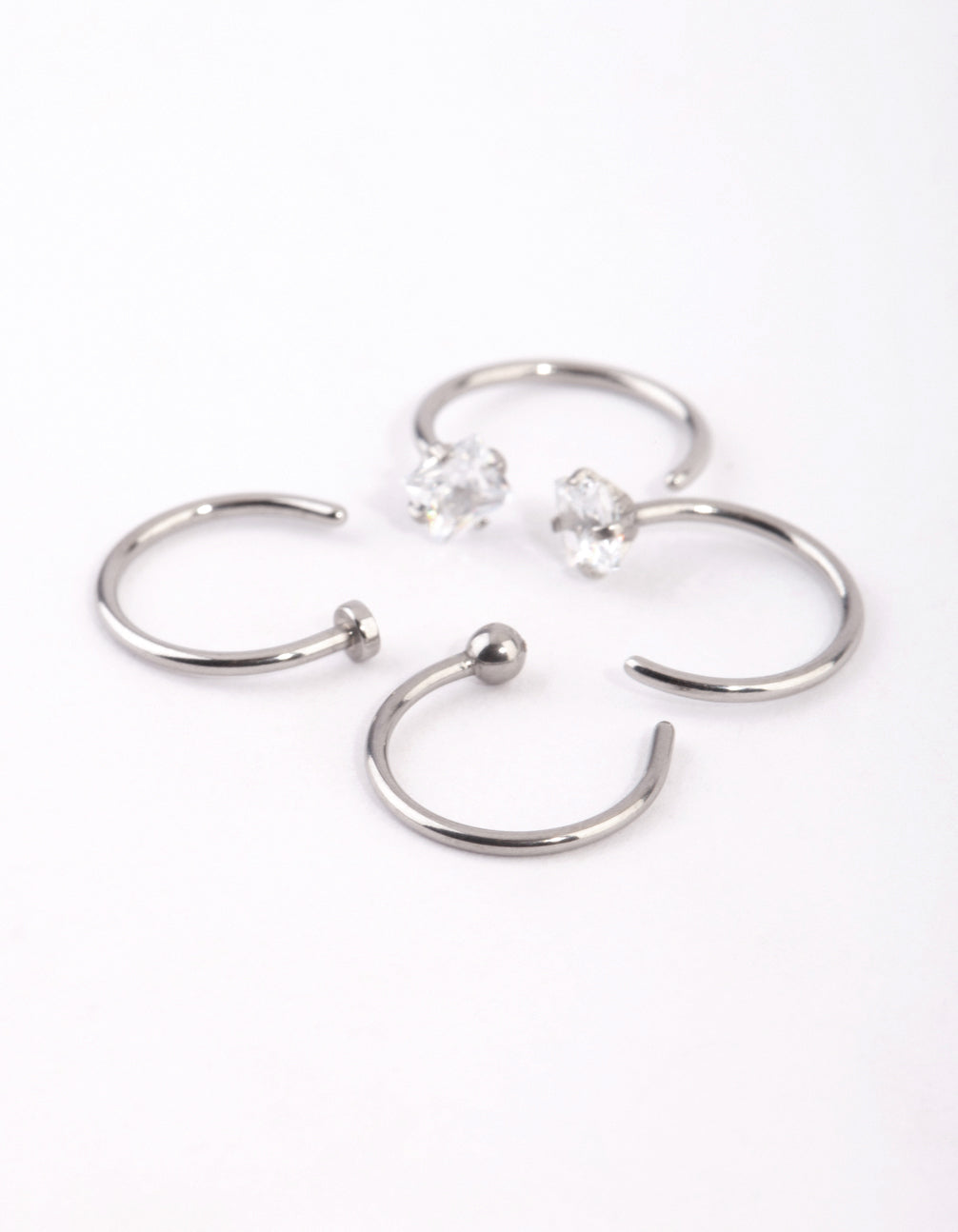 Surgical Steel Silver Martini Set Diamante Nose Ring 4-Pack