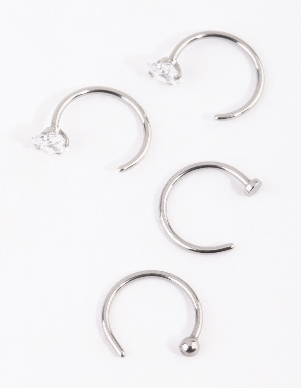 Surgical Steel Silver Martini Set Diamante Nose Ring 4-Pack