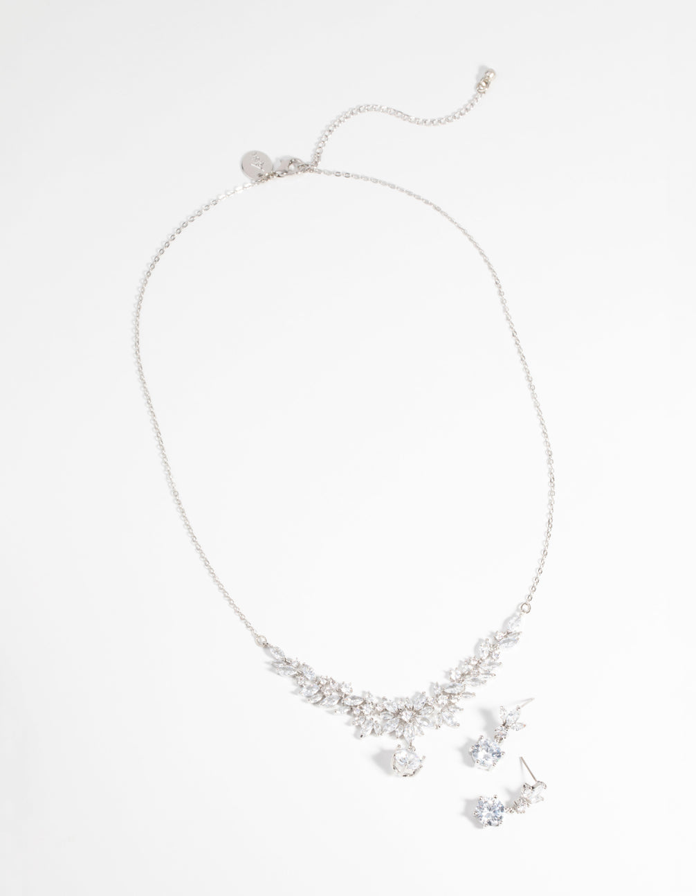 Silver Diamond Simulant Navette Necklace & Earrings Set
