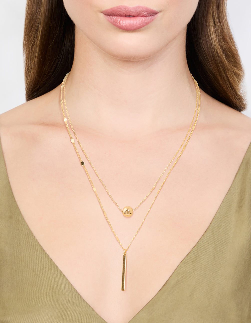 Gold Bar & Ball Double Chain Short Necklace