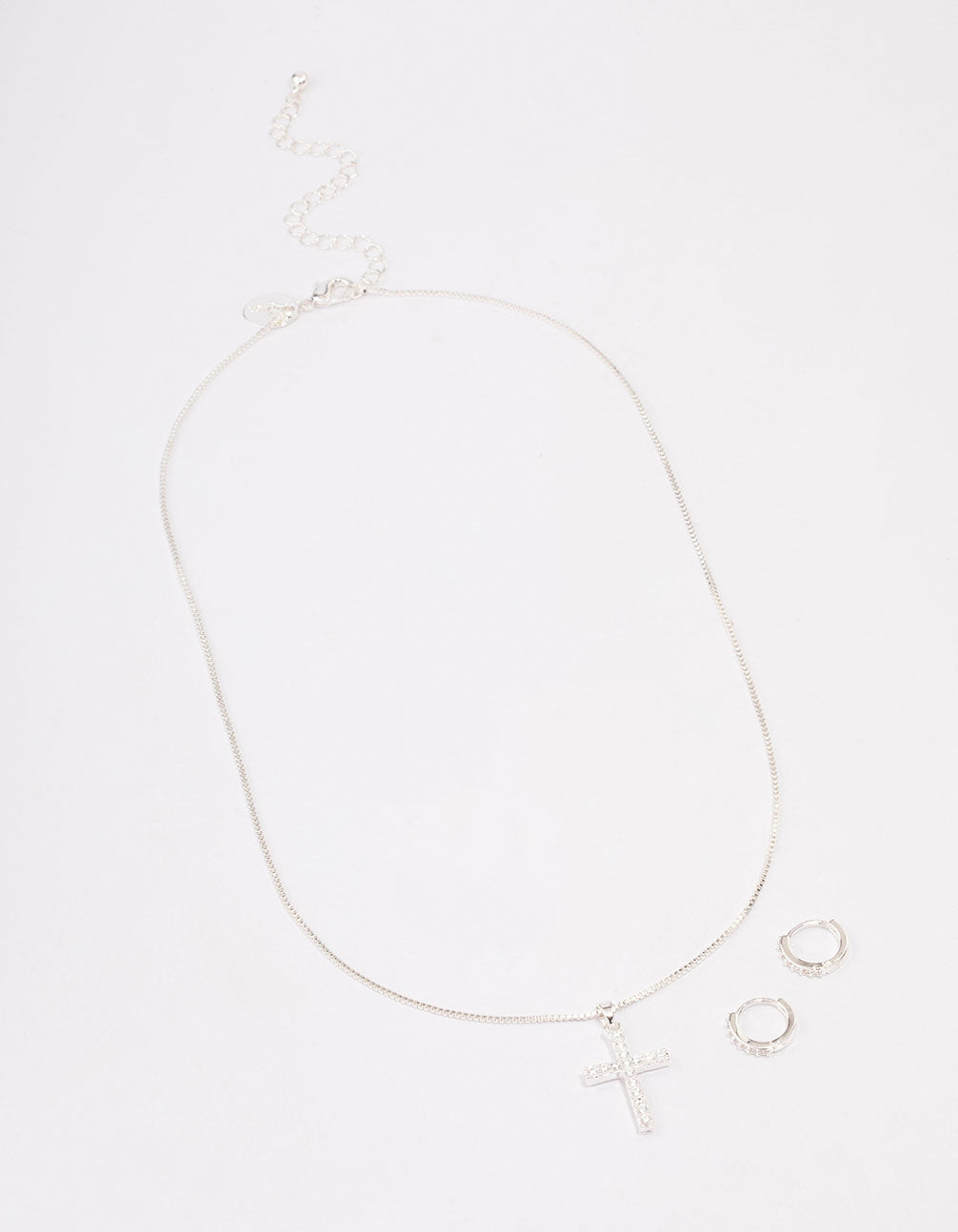 Silver Plated Diamante Cross Necklace & Huggie Earrings Jewellery Set