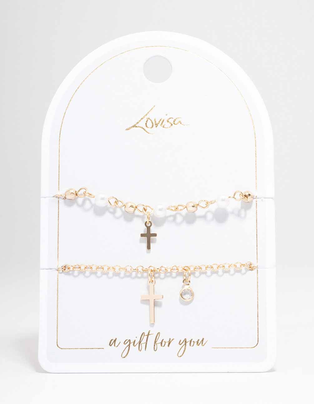 Gold Pearl Cross Charm Bracelet Pack