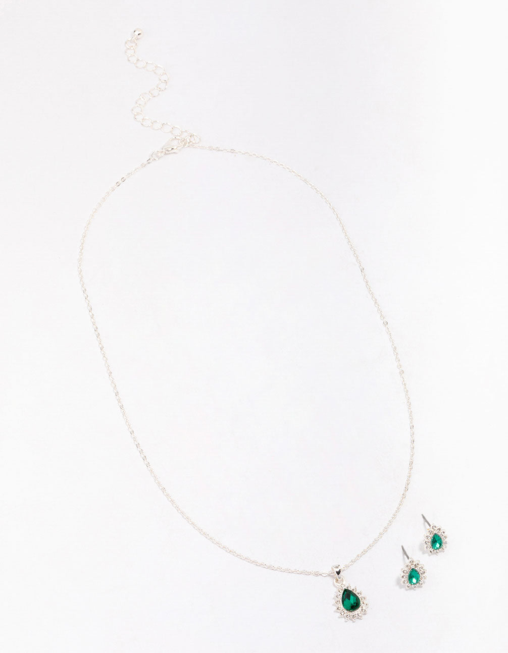 Silver Emerald Teardrop Diamante Jewellery Set