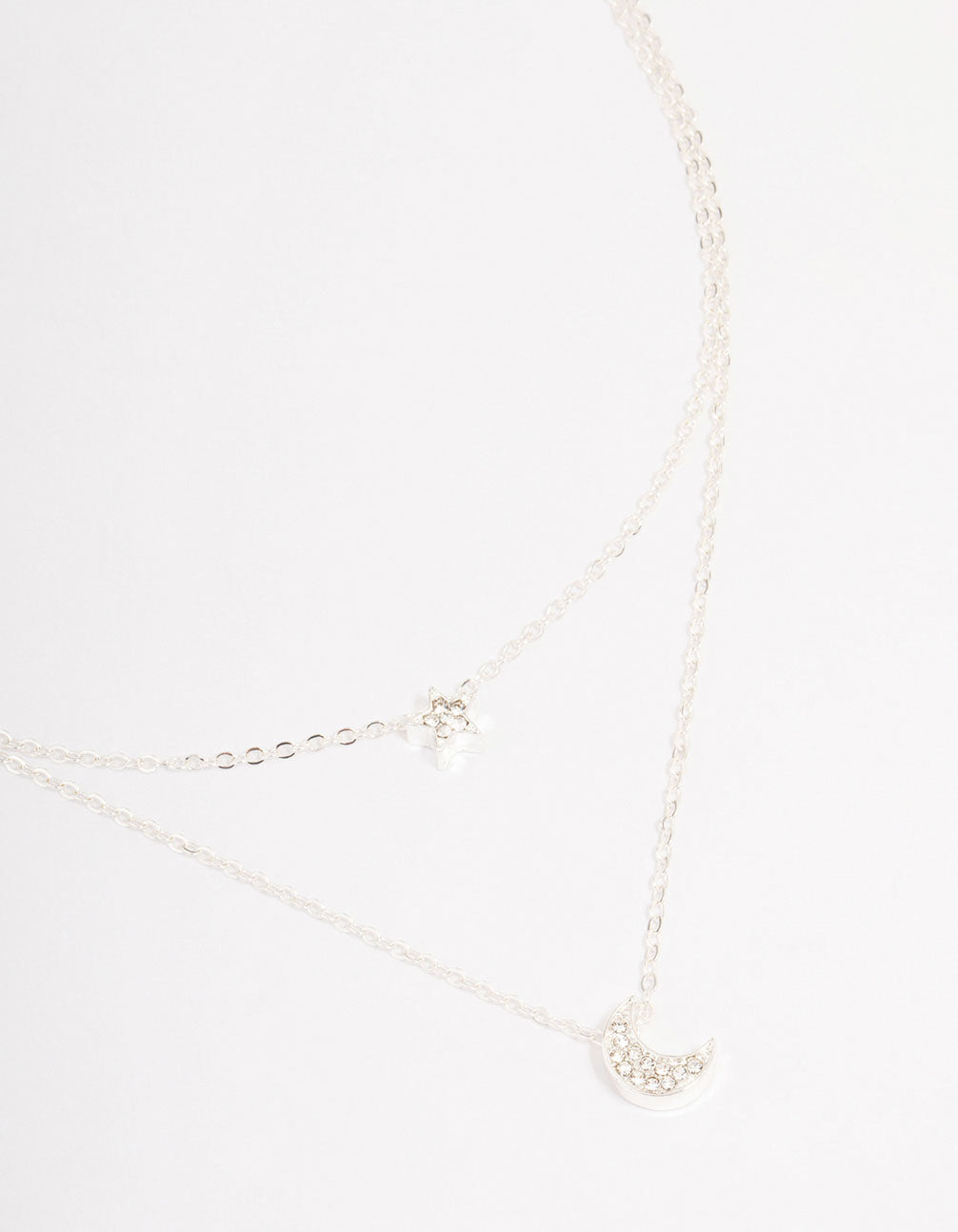 Silver Half Moon Star Double Layered Necklace