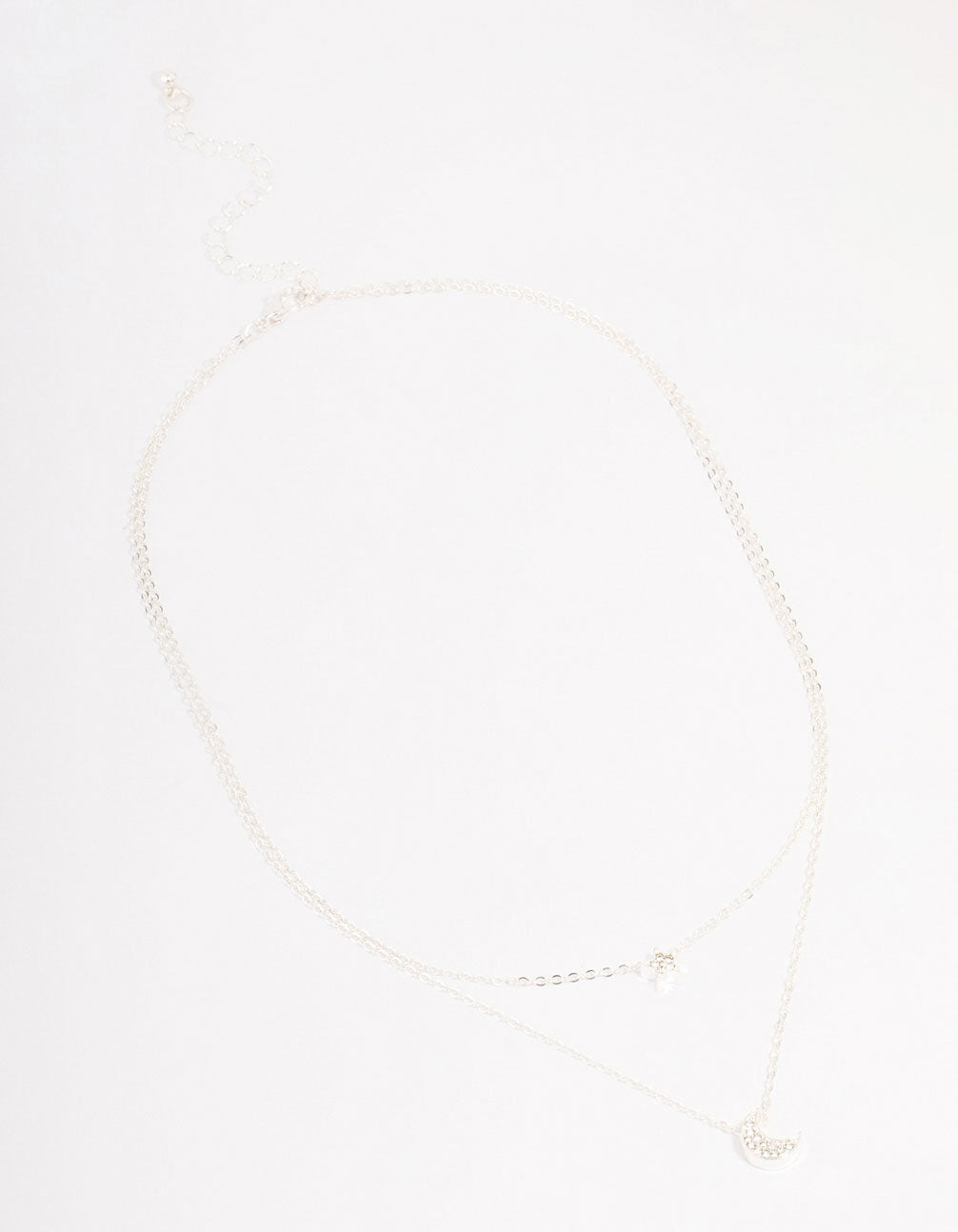 Silver Half Moon Star Double Layered Necklace