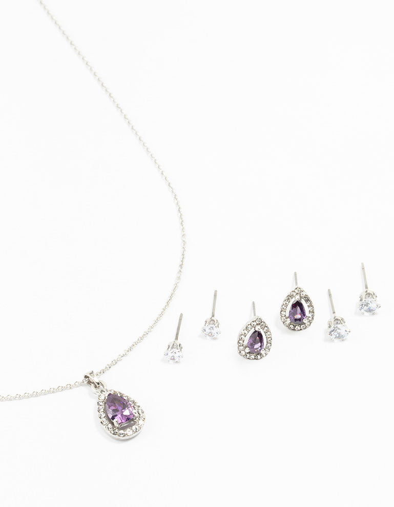 Silver Multiple Purple & Silver  Pear Earring & Necklace Set