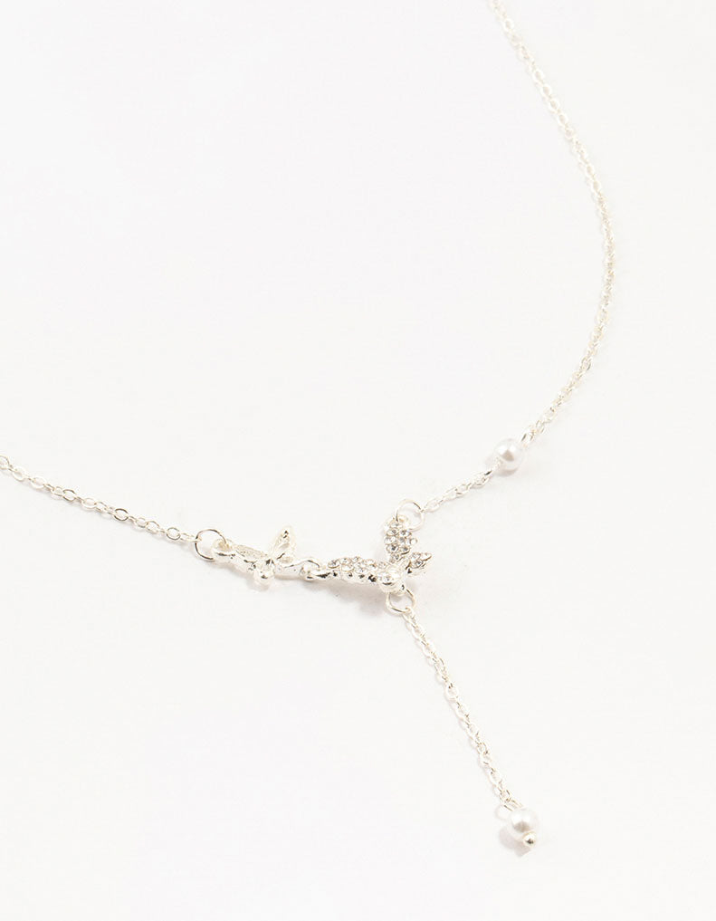 Silver Diamante Pearl Butterfly  Y-Necklace