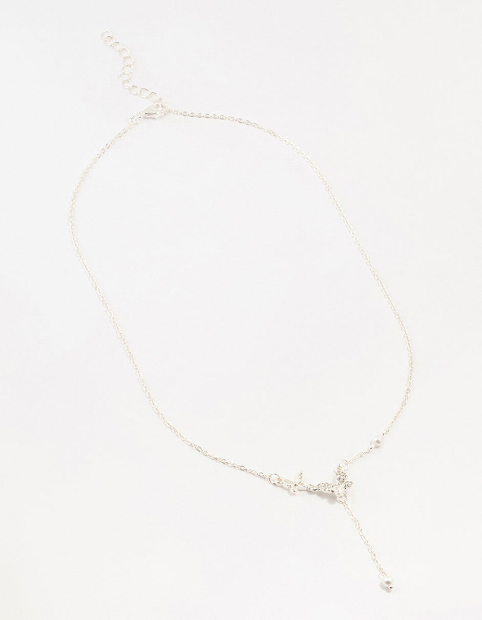 Silver Diamante Pearl Butterfly  Y-Necklace