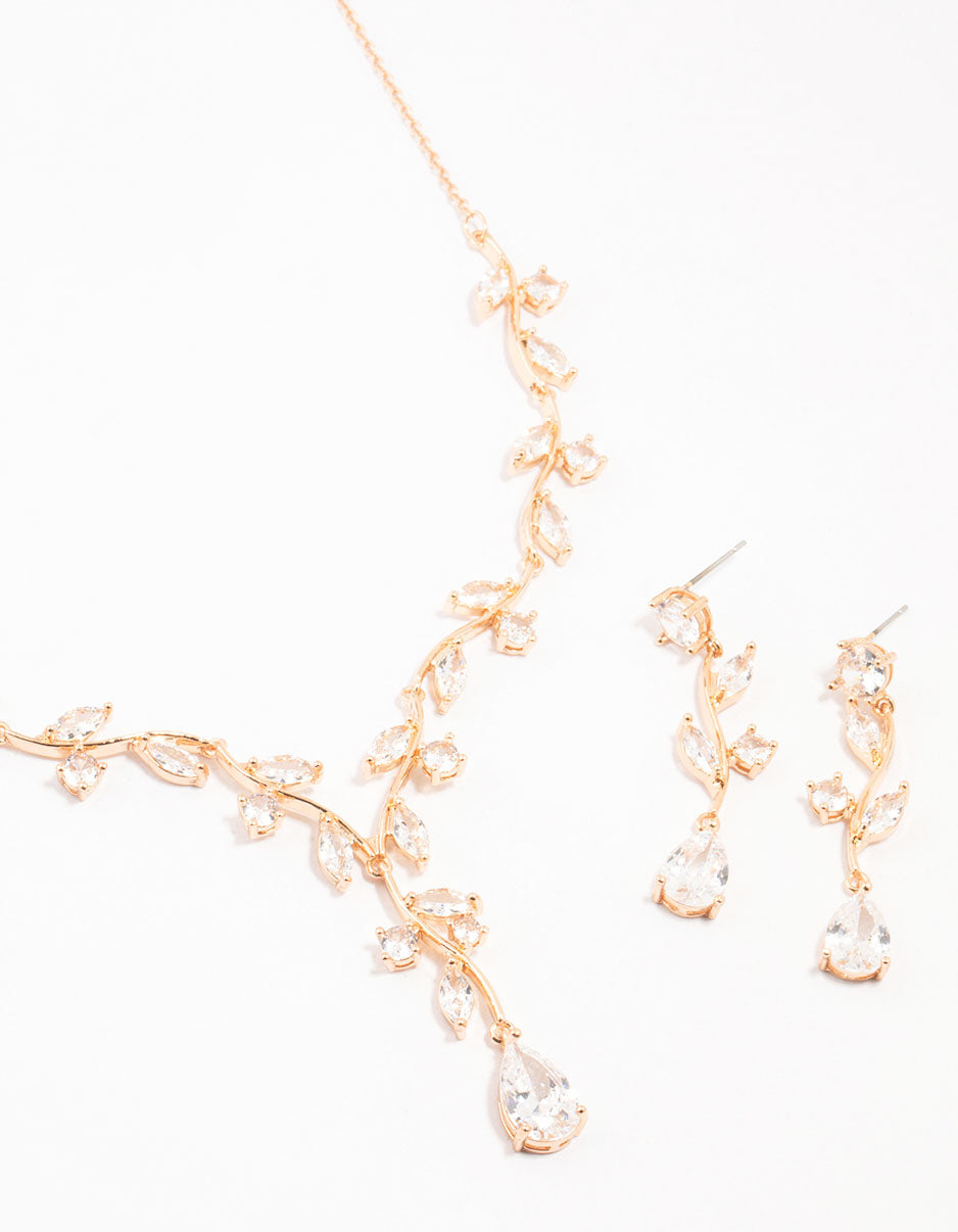 Gold Creeping Crystal Roses Necklace & Earrings Set