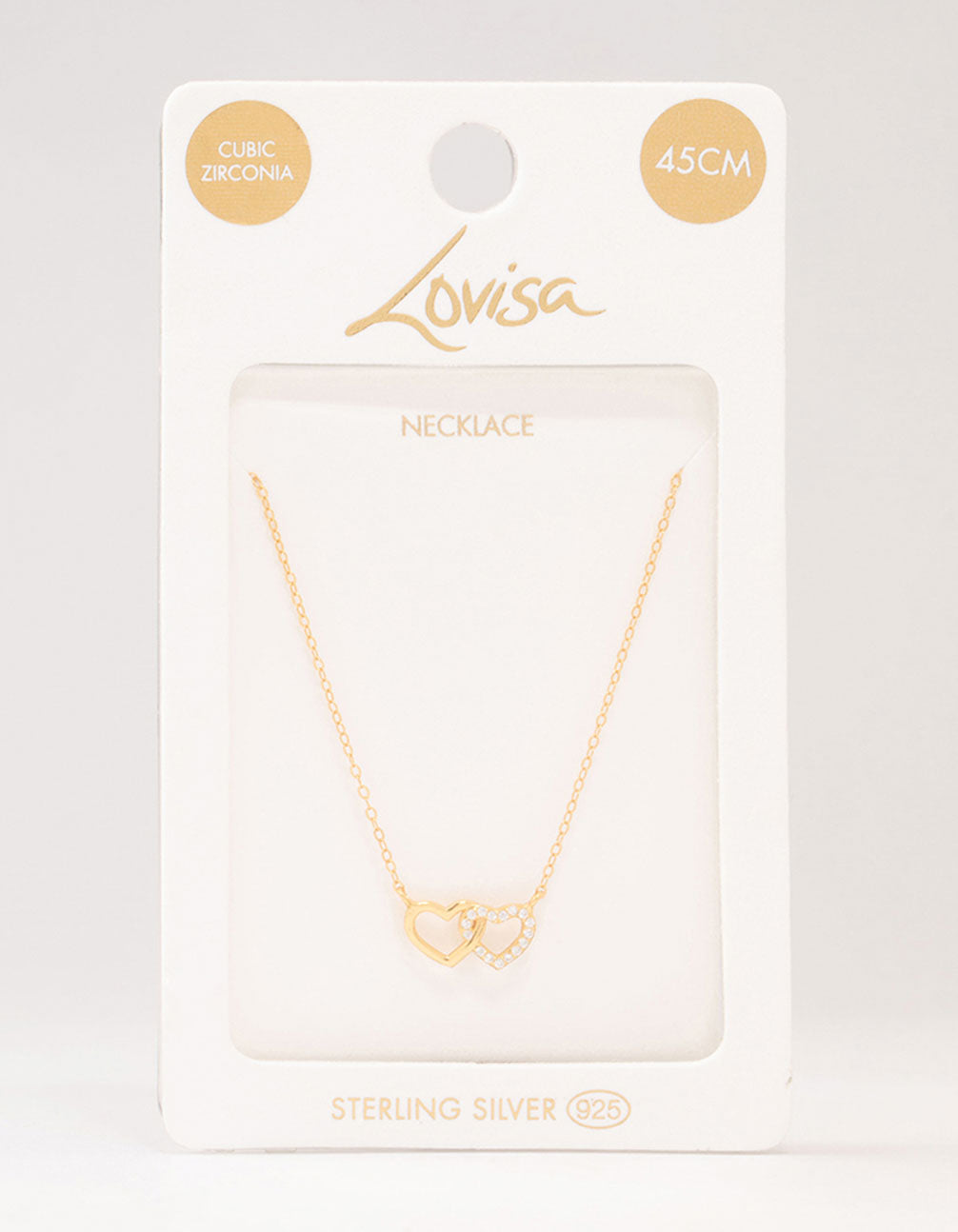 Gold Plated Sterling Silver Double Heart Cubic Zirconia Necklace