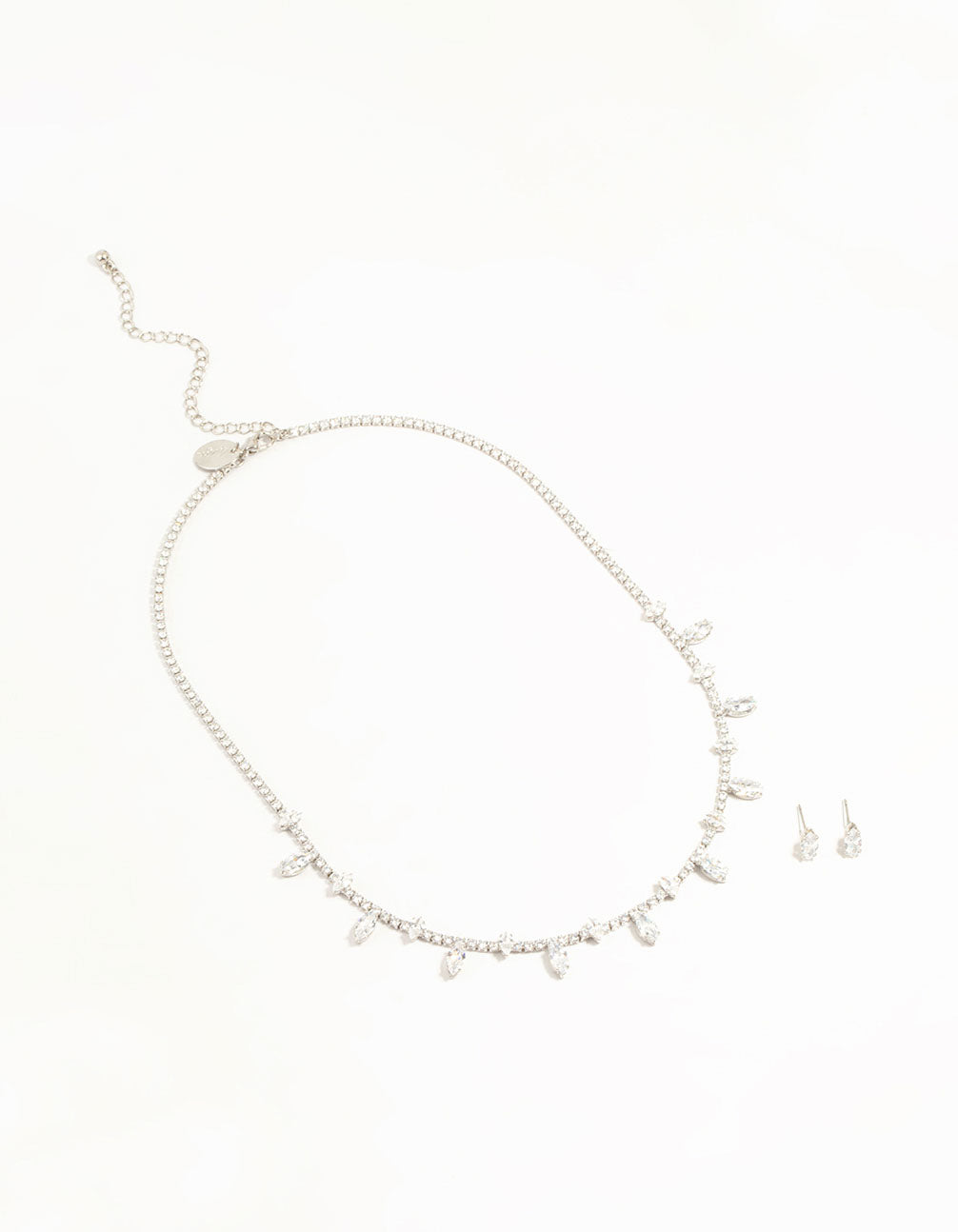 Silver Cubic Zirconia Navette Charm Earrings & Necklace Set