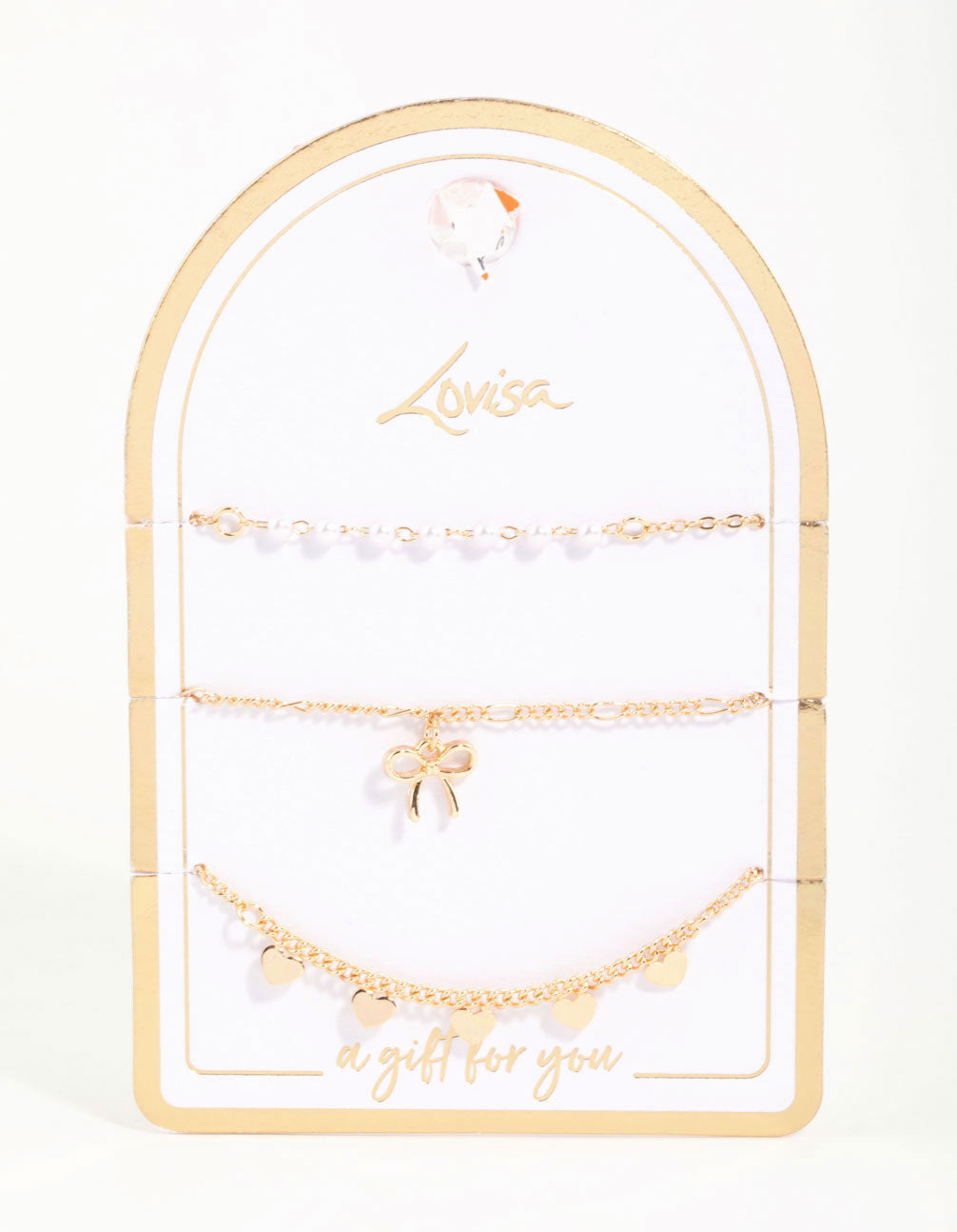 Gold Diamante Pearl Bow & Heart Bracelets 3-Pack