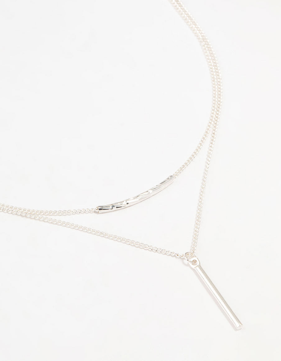 Silver Double Chain Bar Layered Necklace