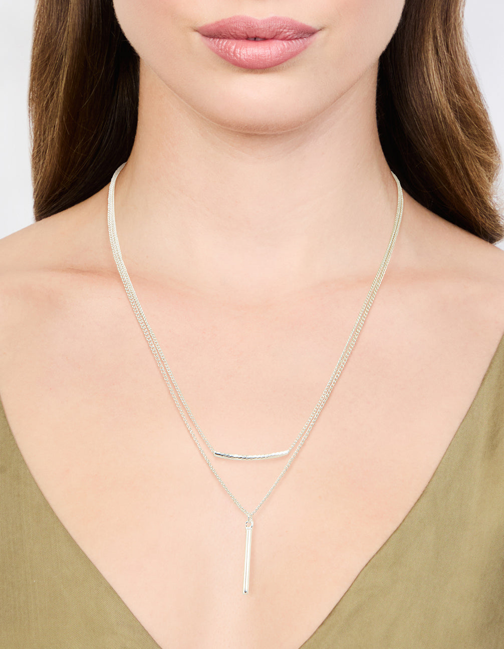 Silver Double Chain Bar Layered Necklace