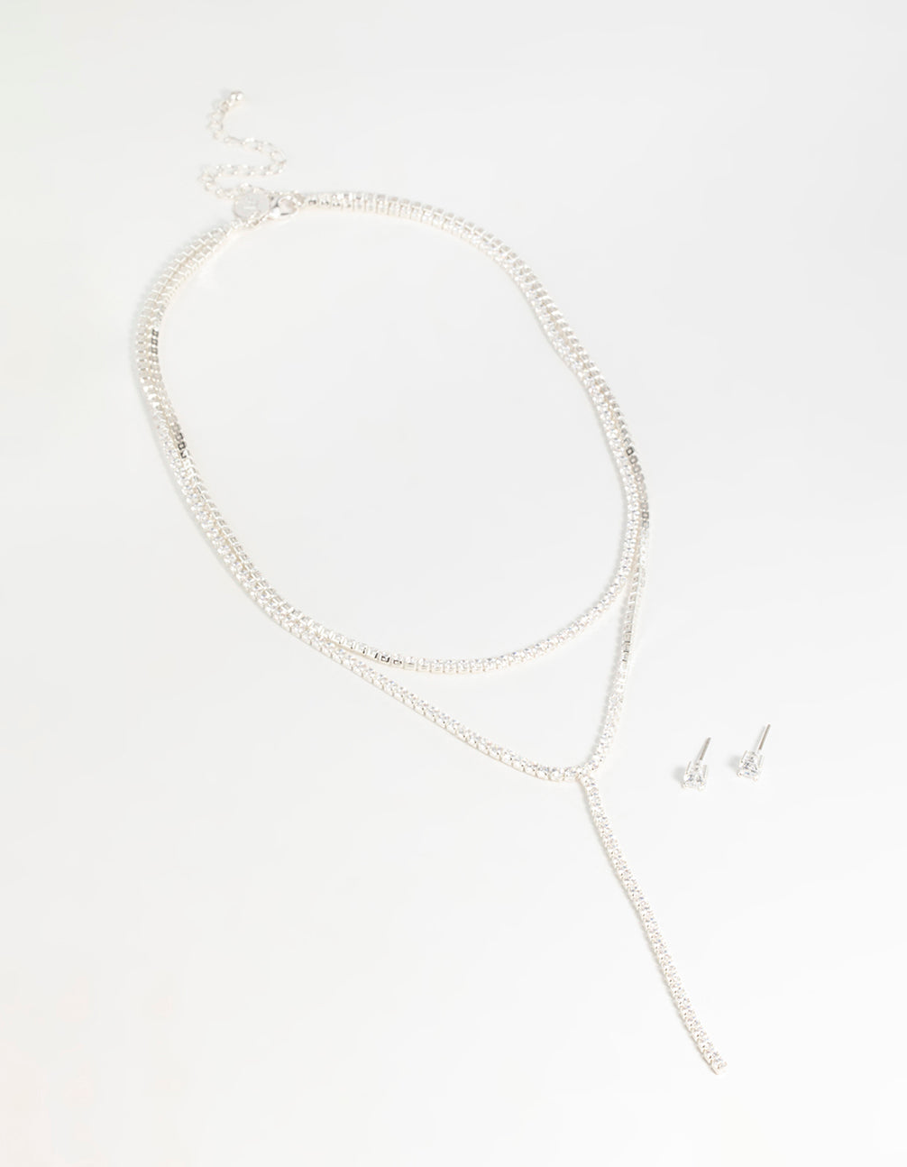 Silver Cubic Zirconia Layered Tennis Necklace & Stud Earrings Set