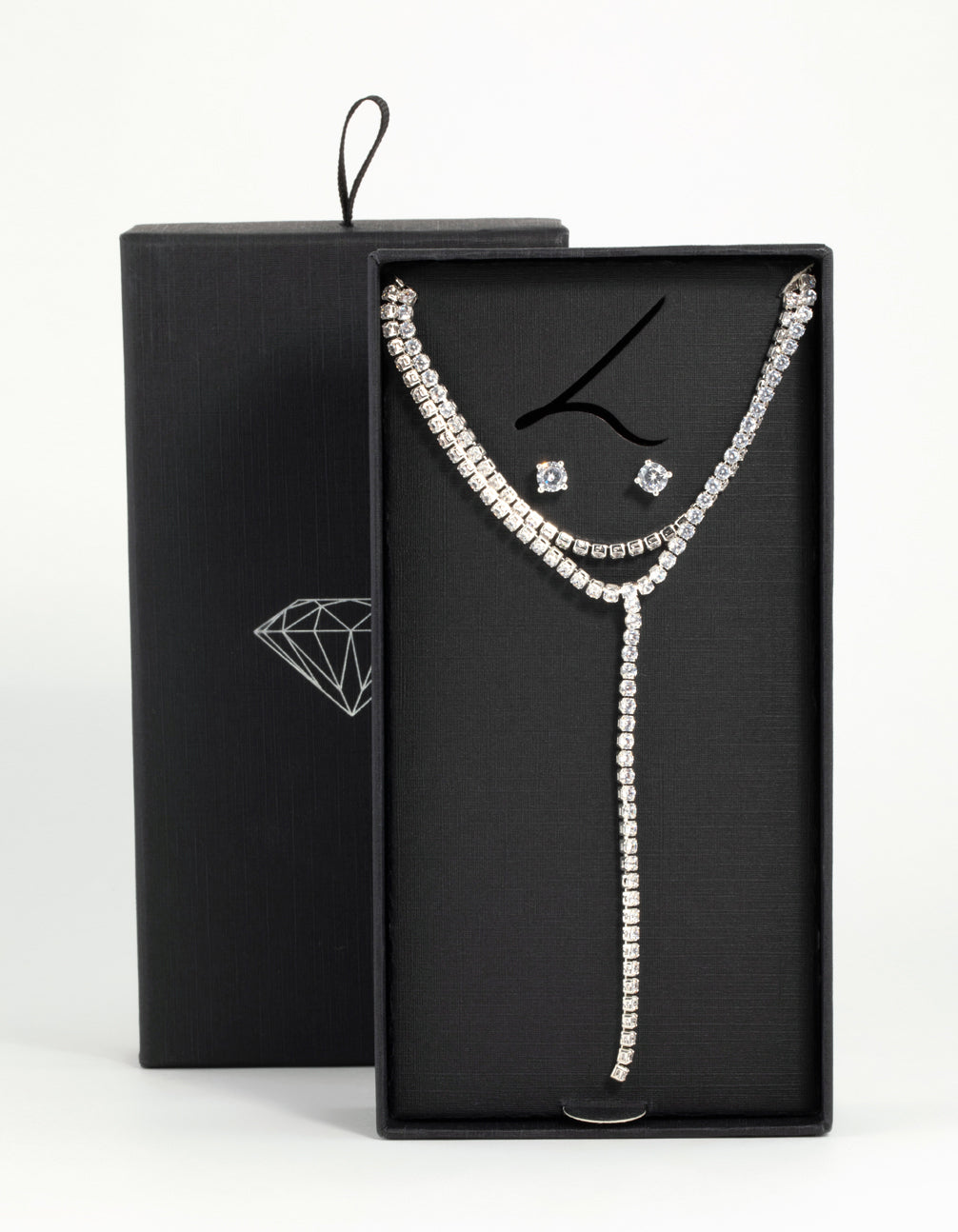 Silver Cubic Zirconia Layered Tennis Necklace & Stud Earrings Set