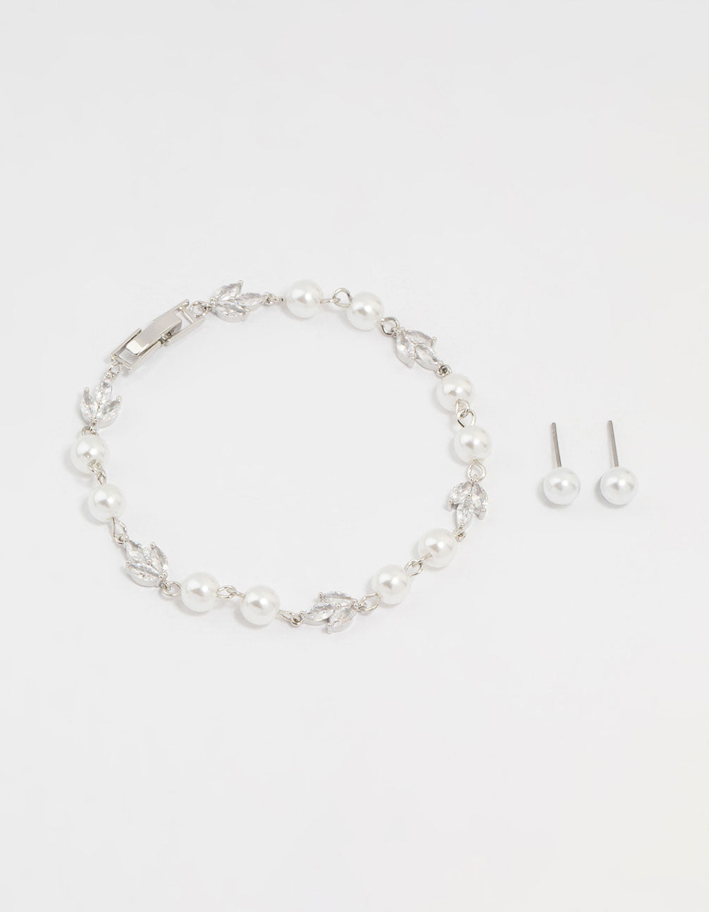 Silver Cubic Zirconia Pearl Leaf Bracelet & Earrings Set