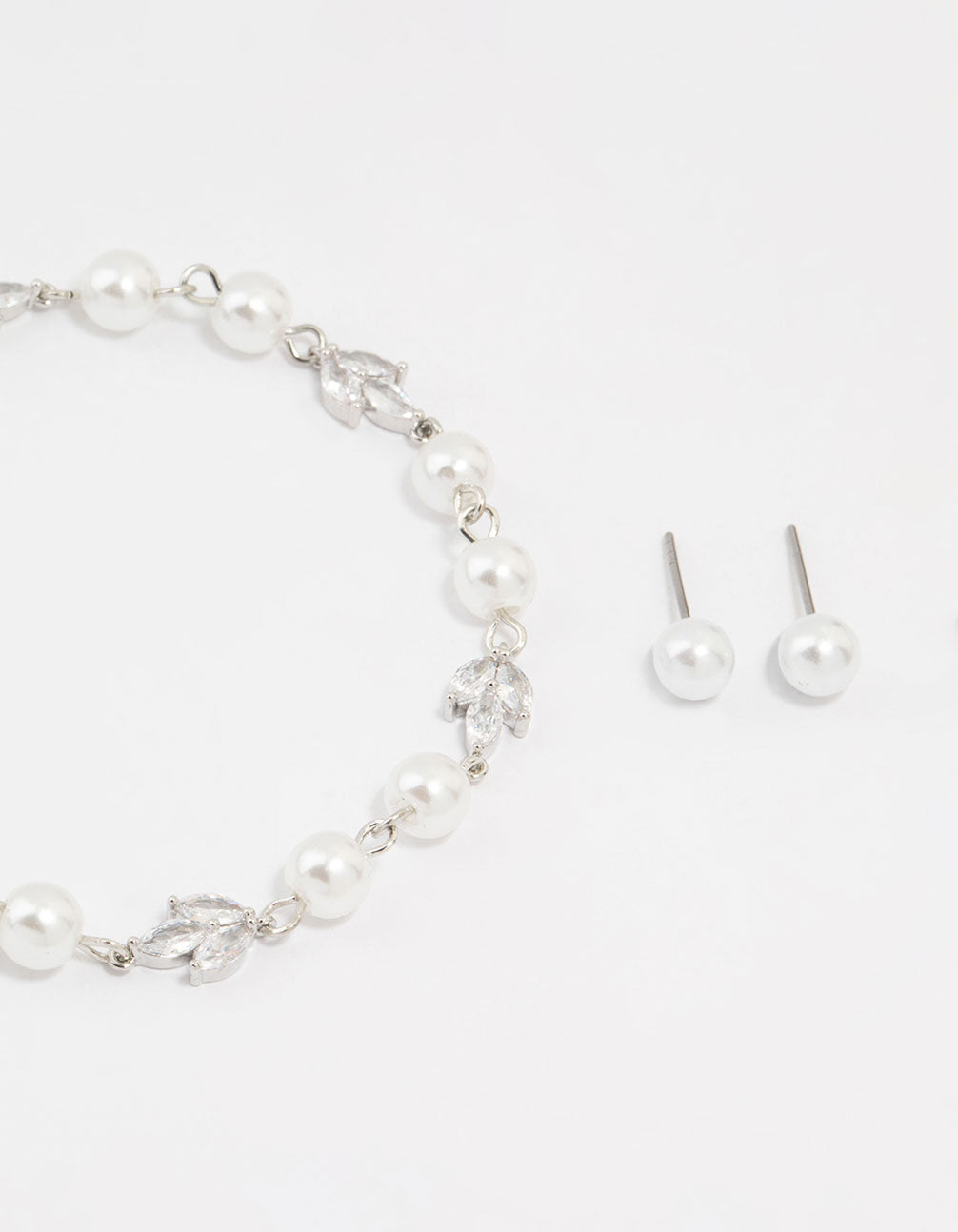 Silver Cubic Zirconia Pearl Leaf Bracelet & Earrings Set