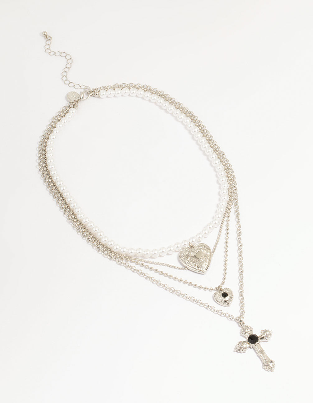 Silver Pearl Cross Layered Necklace