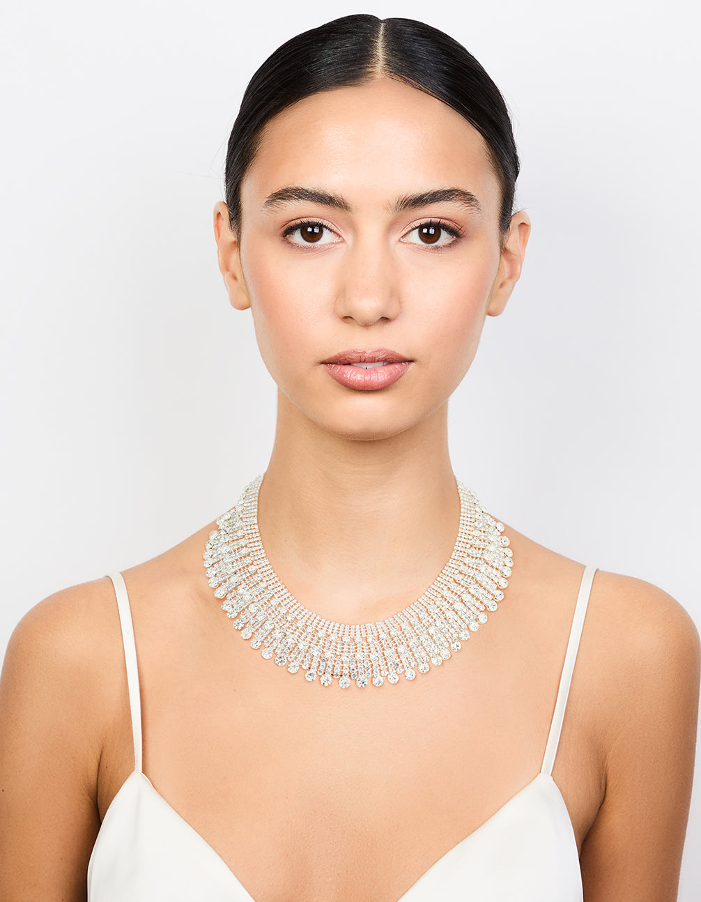 Silver Diamante Fan Cupchain Bib Necklace