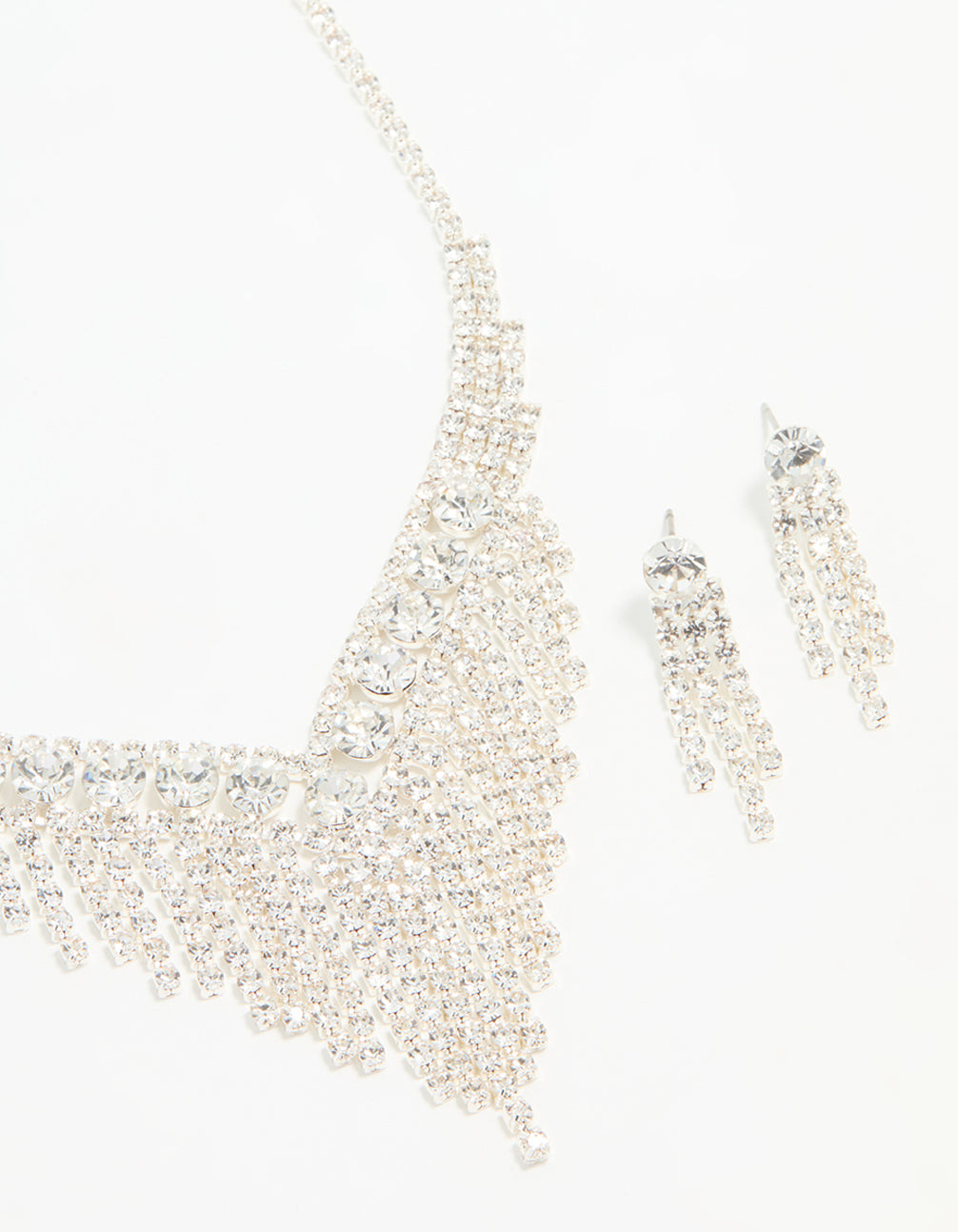 Silver Diamante Cupchain Tassel Vine Necklace & Earrings Set