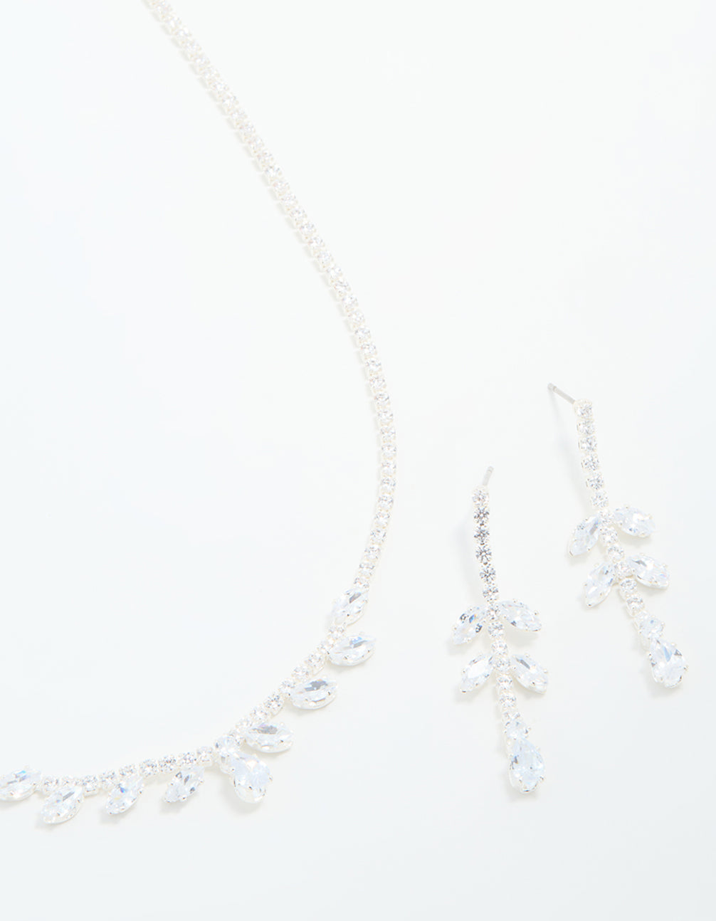 Silver Cubic Zirconia Navette Leaf Necklace & Earrings Set