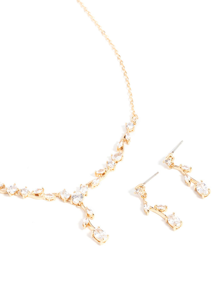 Gold Cubic Zirconia Flower Vine Necklace & Drop Earrings Set