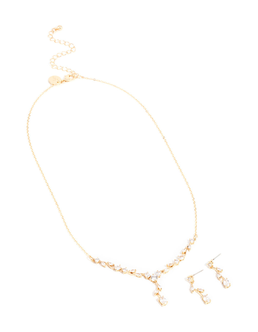 Gold Cubic Zirconia Flower Vine Necklace & Drop Earrings Set