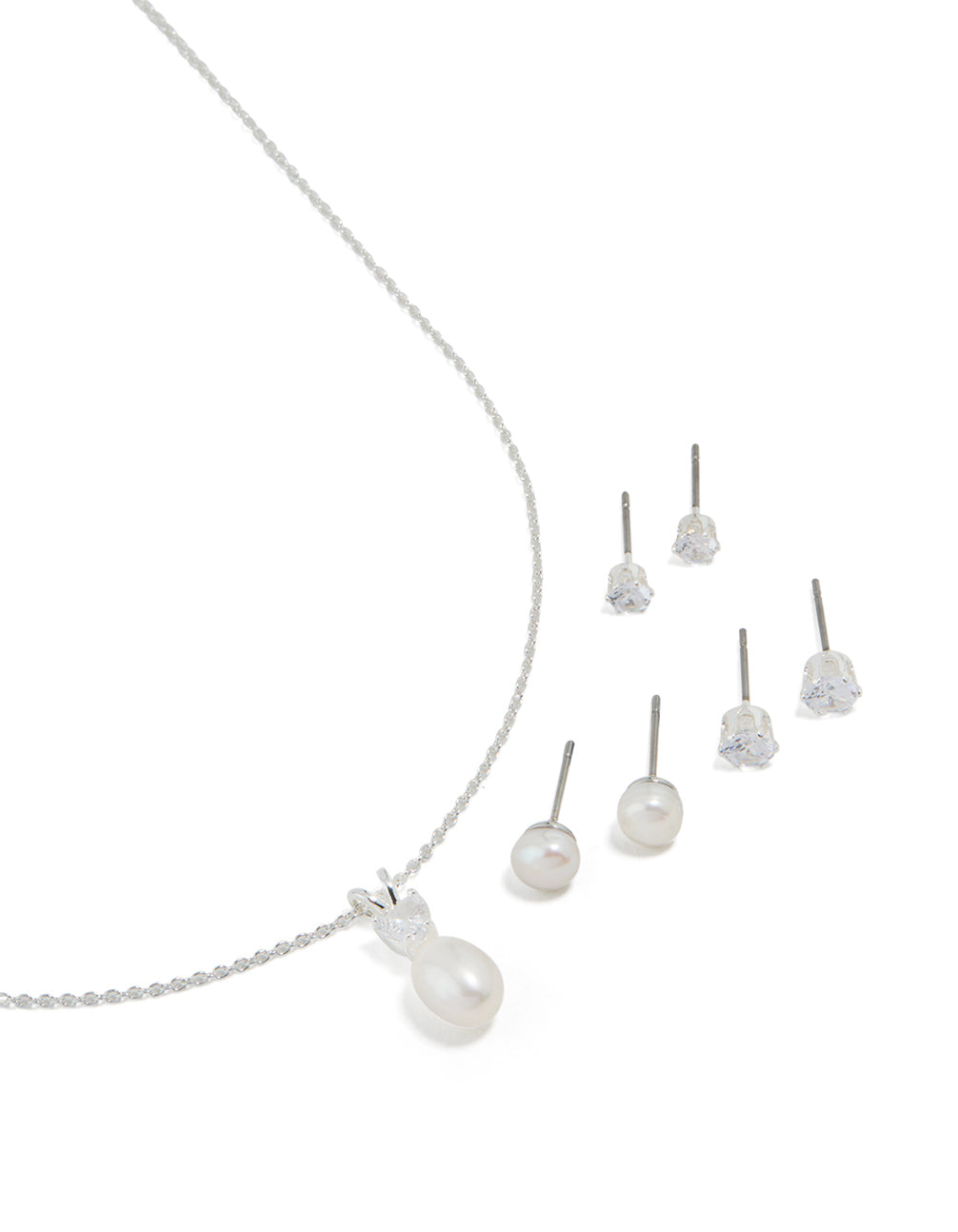 Silver Cubic Zirconia Freshwater Pearl Stud Necklace & Earrings Set