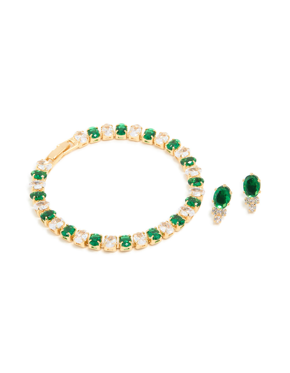 Gold Plated Green Cubic Zirconia Tennis Bracelet & Earrings Set