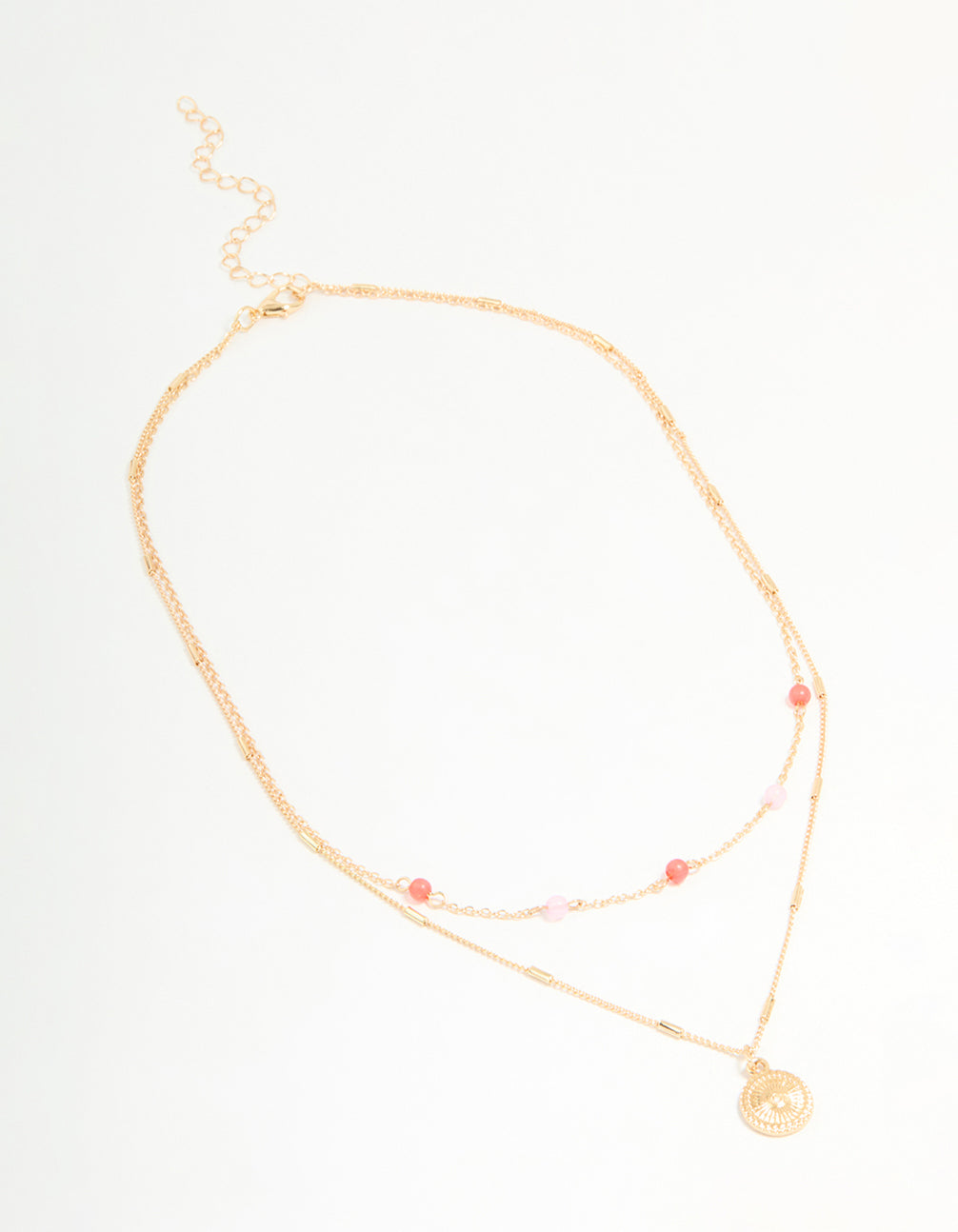 Gold Red & Pink Beaded & Pendant Layered Necklace