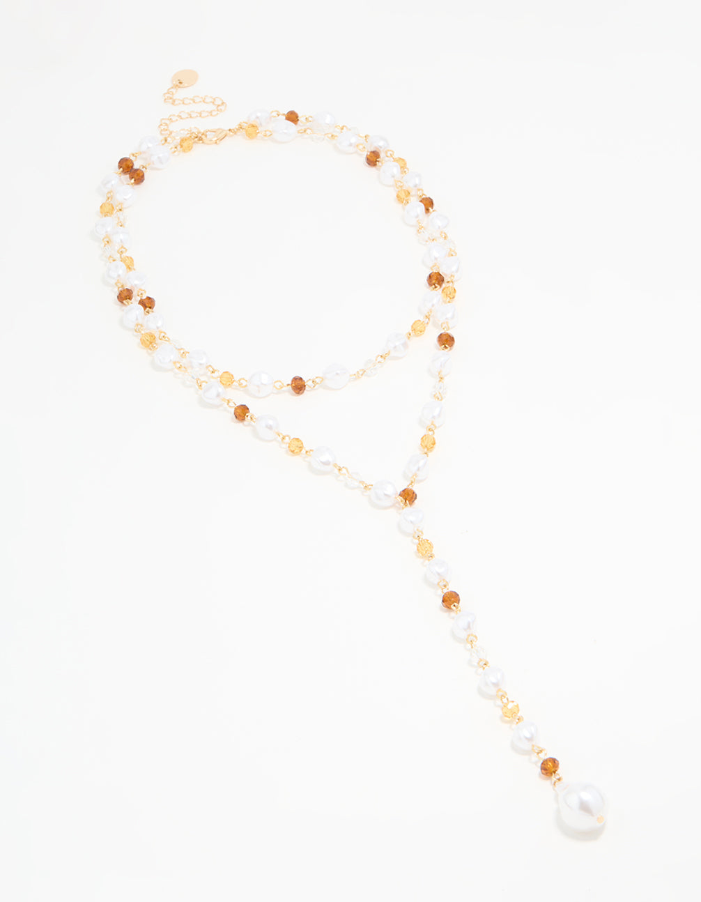 Gold Pearl & Brown Beaded Layered Y-Necklace