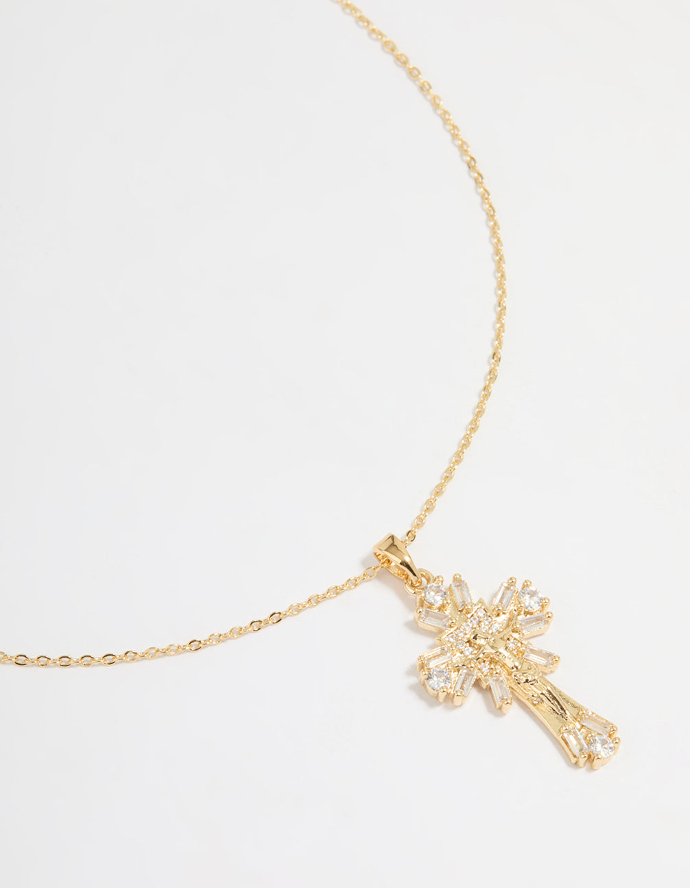 Gold Plated Cubic Zirconia Baguette Cross Pendant Necklace